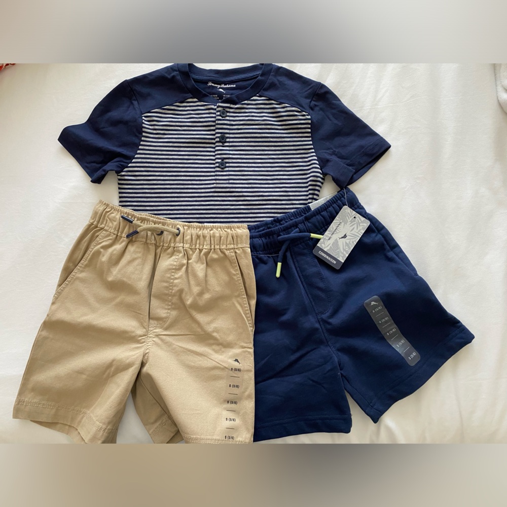 (KIDS) NWT- Tommy Bahama blue/grey striped tee + shorts mix match set Size S.